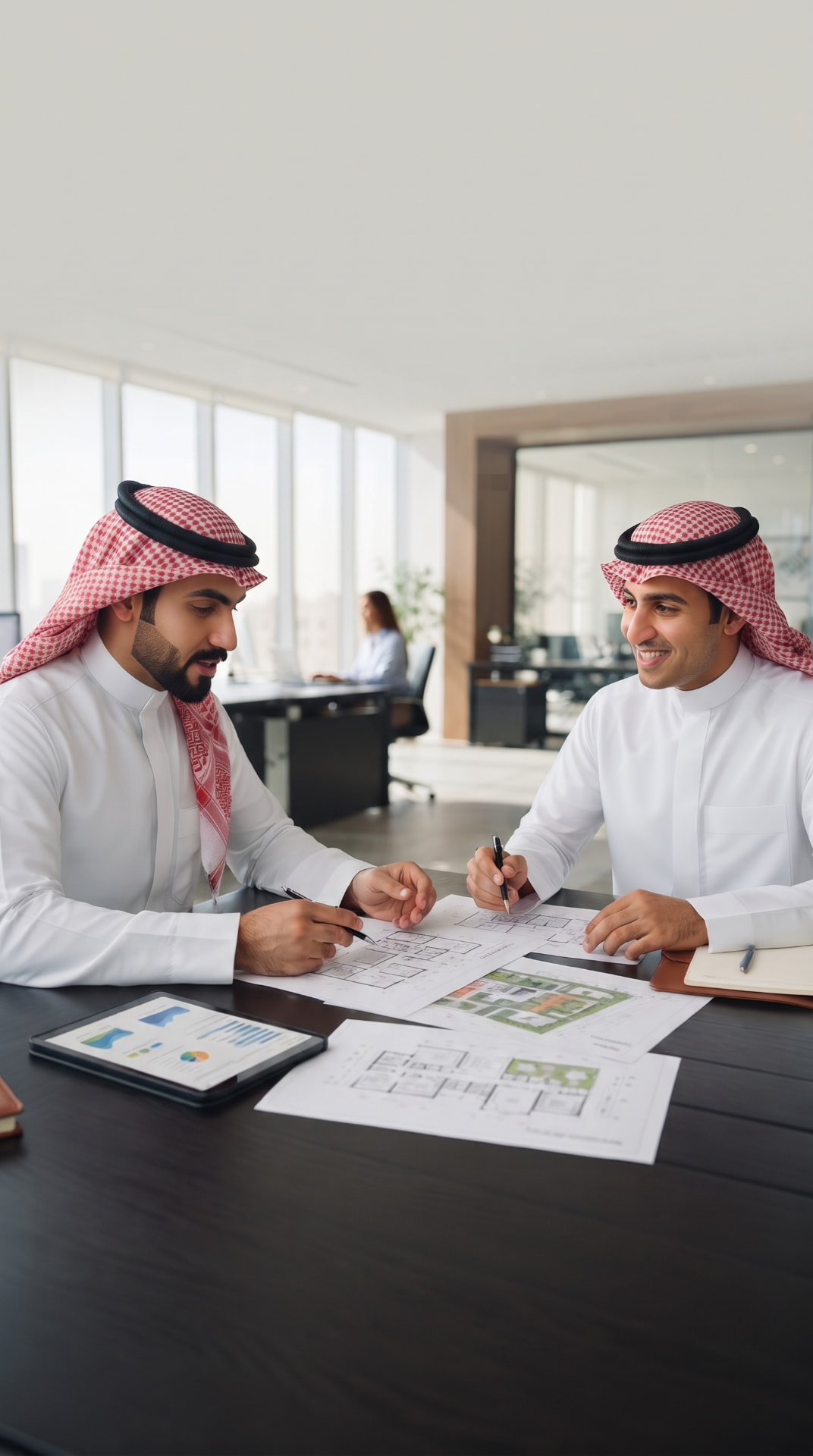 Two real estate professionals reviewing property floor plans in a modern office